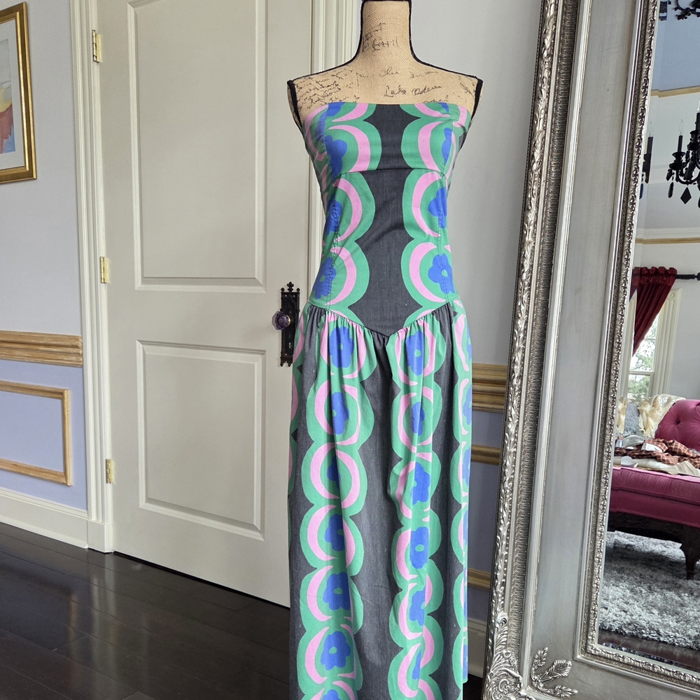 Anthropologie Strapless Maxi Dress in Green, Pink & Blue Floral Geometric Print